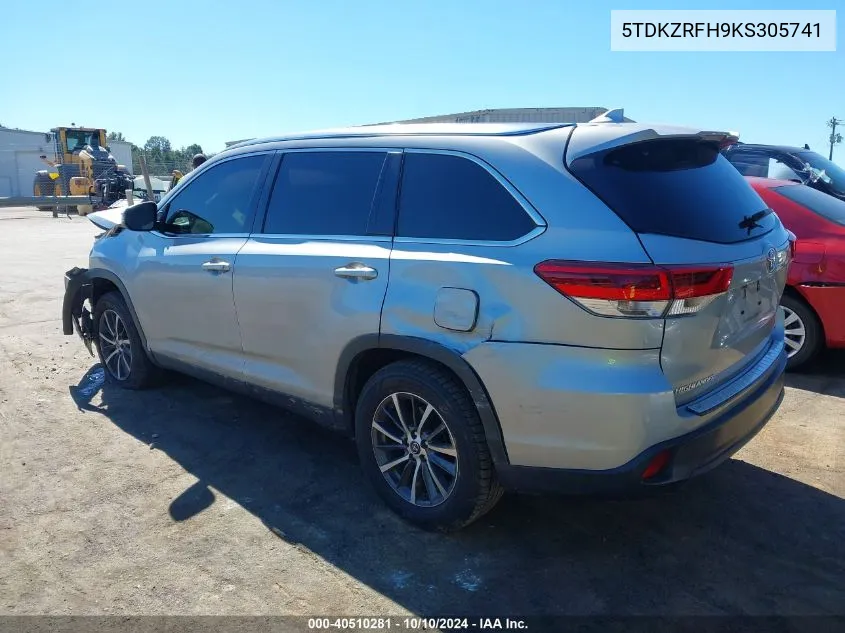 2019 Toyota Highlander Xle VIN: 5TDKZRFH9KS305741 Lot: 40510281