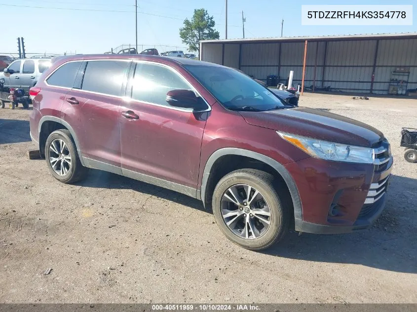 2019 Toyota Highlander Le VIN: 5TDZZRFH4KS354778 Lot: 40511959