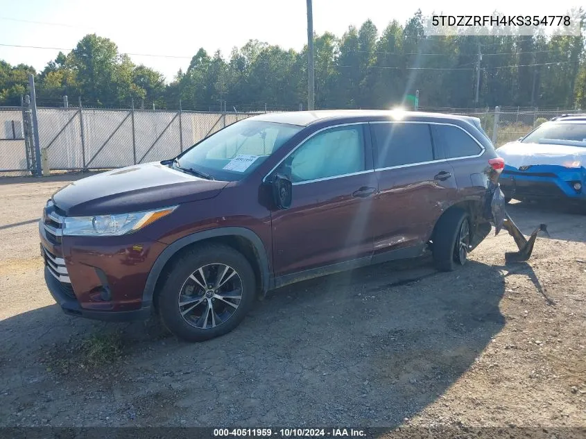 2019 Toyota Highlander Le VIN: 5TDZZRFH4KS354778 Lot: 40511959