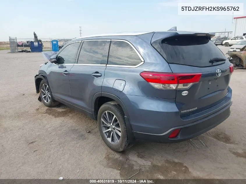 2019 Toyota Highlander Se/Xle VIN: 5TDJZRFH2KS965762 Lot: 40531819