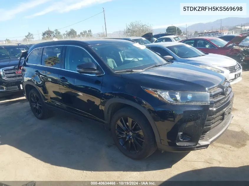 2019 Toyota Highlander Se VIN: 5TDKZRFH5KS569698 Lot: 40634468