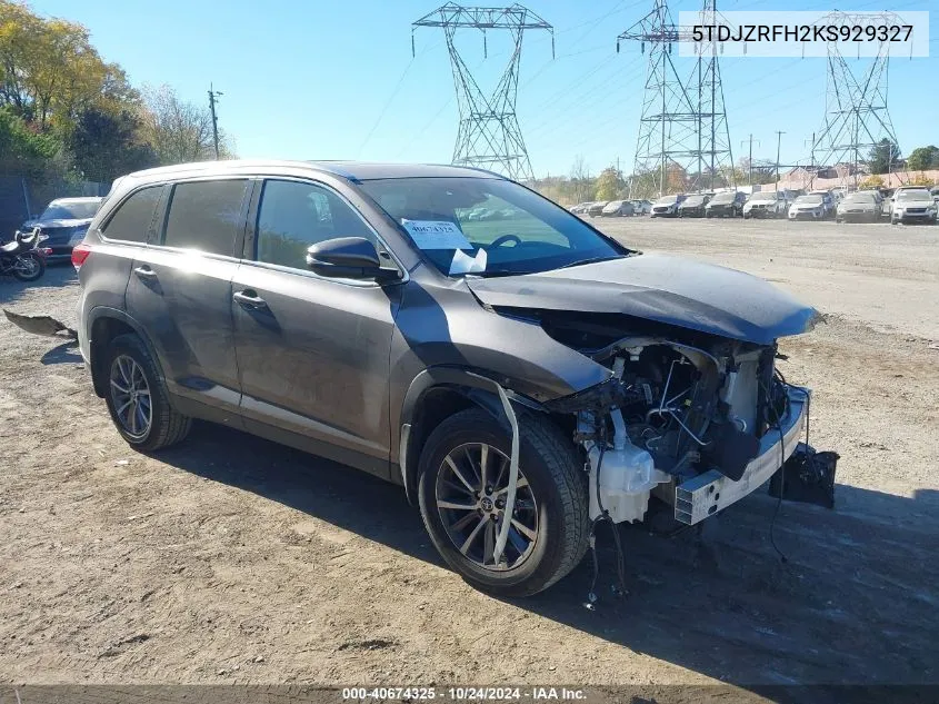 2019 Toyota Highlander Xle VIN: 5TDJZRFH2KS929327 Lot: 40674325