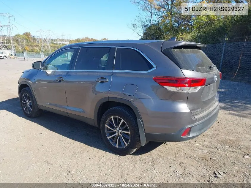 2019 Toyota Highlander Xle VIN: 5TDJZRFH2KS929327 Lot: 40674325