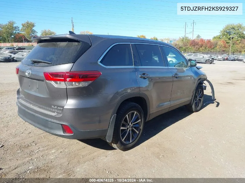 2019 Toyota Highlander Xle VIN: 5TDJZRFH2KS929327 Lot: 40674325