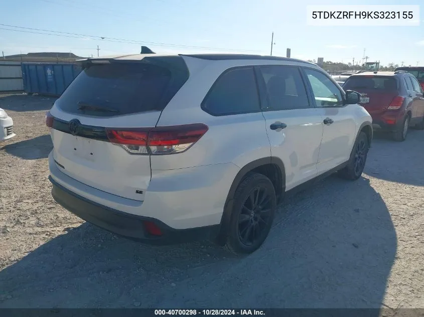 2019 Toyota Highlander Se VIN: 5TDKZRFH9KS323155 Lot: 40700298