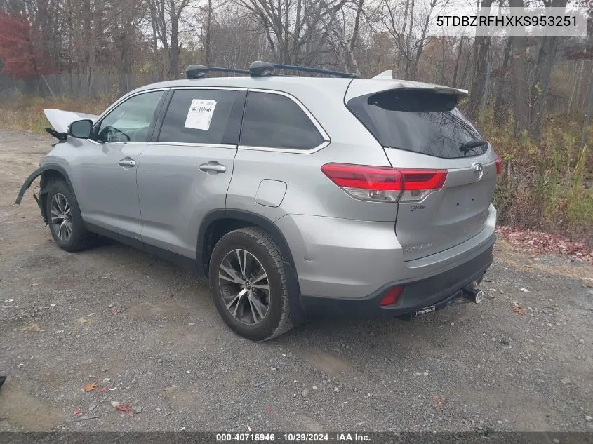 2019 Toyota Highlander Le Plus VIN: 5TDBZRFHXKS953251 Lot: 40716946