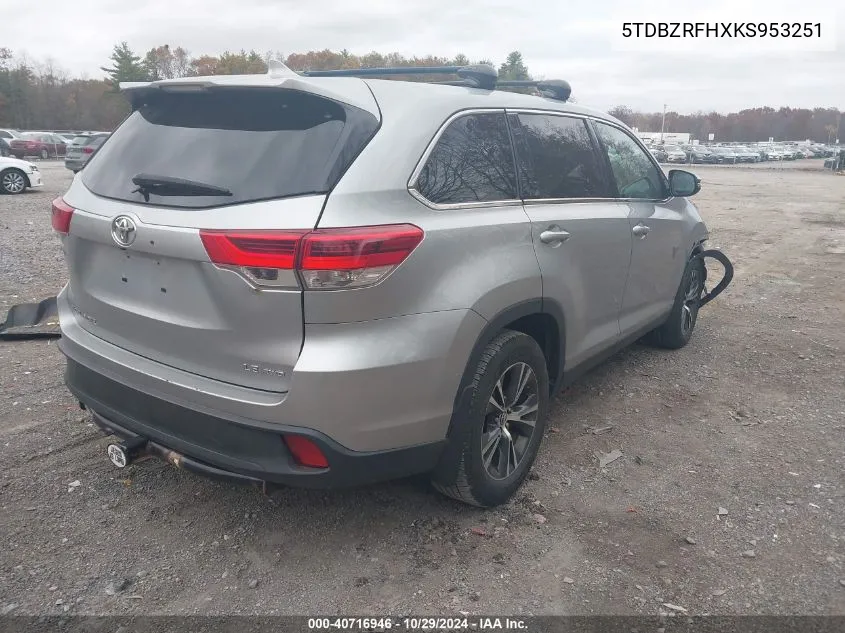 2019 Toyota Highlander Le Plus VIN: 5TDBZRFHXKS953251 Lot: 40716946