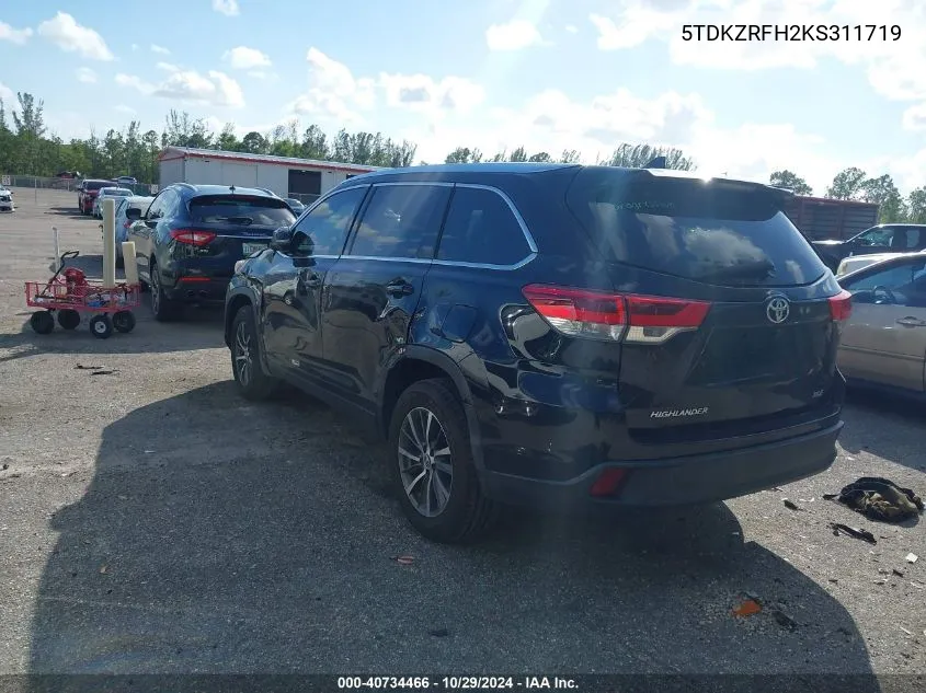 2019 Toyota Highlander Xle VIN: 5TDKZRFH2KS311719 Lot: 40734466