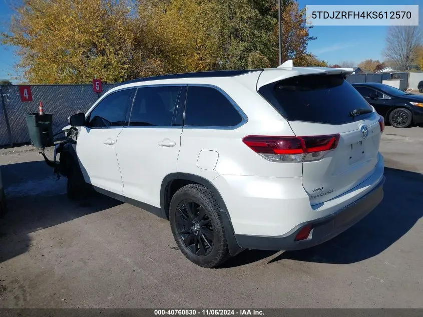 2019 Toyota Highlander Se VIN: 5TDJZRFH4KS612570 Lot: 40760830