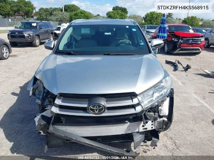 2019 Toyota Highlander Xle VIN: 5TDKZRFH4KS568915 Lot: 40762723