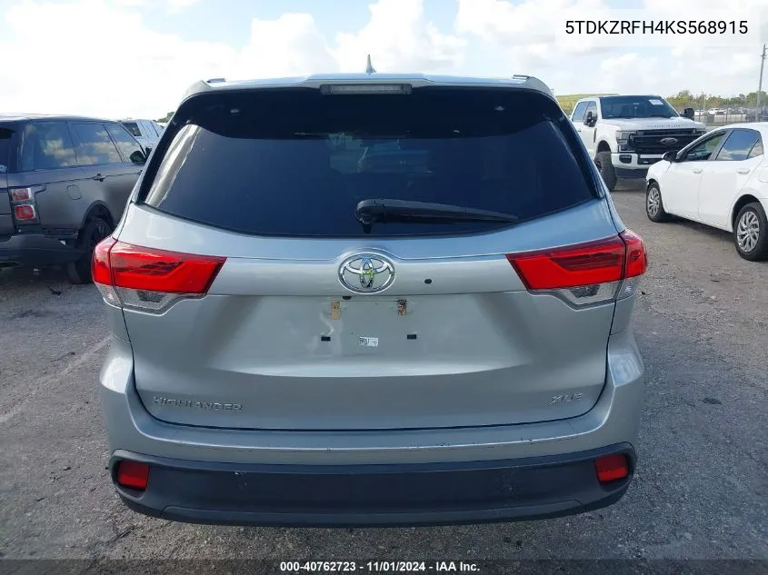 2019 Toyota Highlander Xle VIN: 5TDKZRFH4KS568915 Lot: 40762723