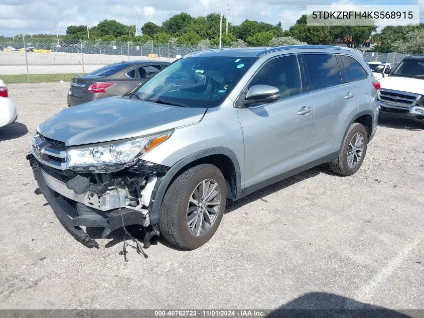 2019 Toyota Highlander Xle VIN: 5TDKZRFH4KS568915 Lot: 40762723