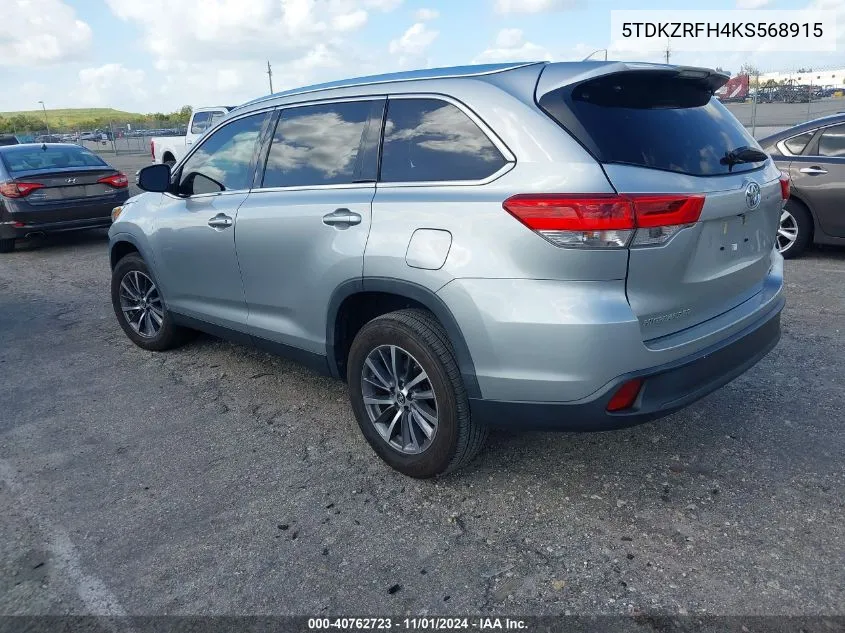 2019 Toyota Highlander Xle VIN: 5TDKZRFH4KS568915 Lot: 40762723