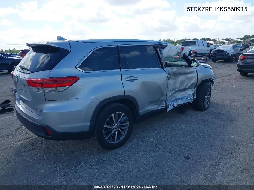 2019 Toyota Highlander Xle VIN: 5TDKZRFH4KS568915 Lot: 40762723