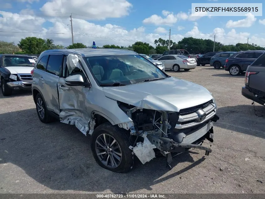 2019 Toyota Highlander Xle VIN: 5TDKZRFH4KS568915 Lot: 40762723