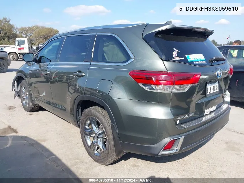 2019 Toyota Highlander Hybrid Limited Platinum VIN: 5TDDGRFH3KS059610 Lot: 40785310