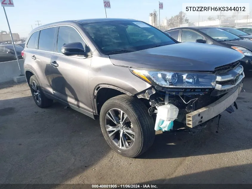 2019 Toyota Highlander Le VIN: 5TDZZRFH6KS344012 Lot: 40801905