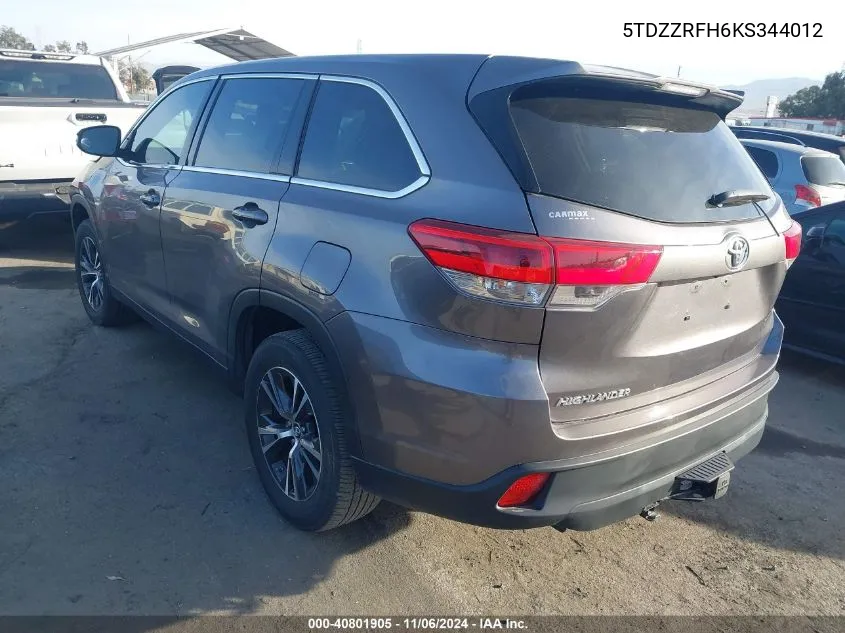 2019 Toyota Highlander Le VIN: 5TDZZRFH6KS344012 Lot: 40801905