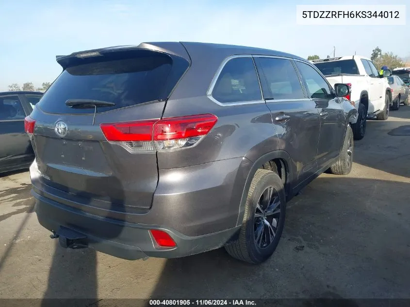 2019 Toyota Highlander Le VIN: 5TDZZRFH6KS344012 Lot: 40801905