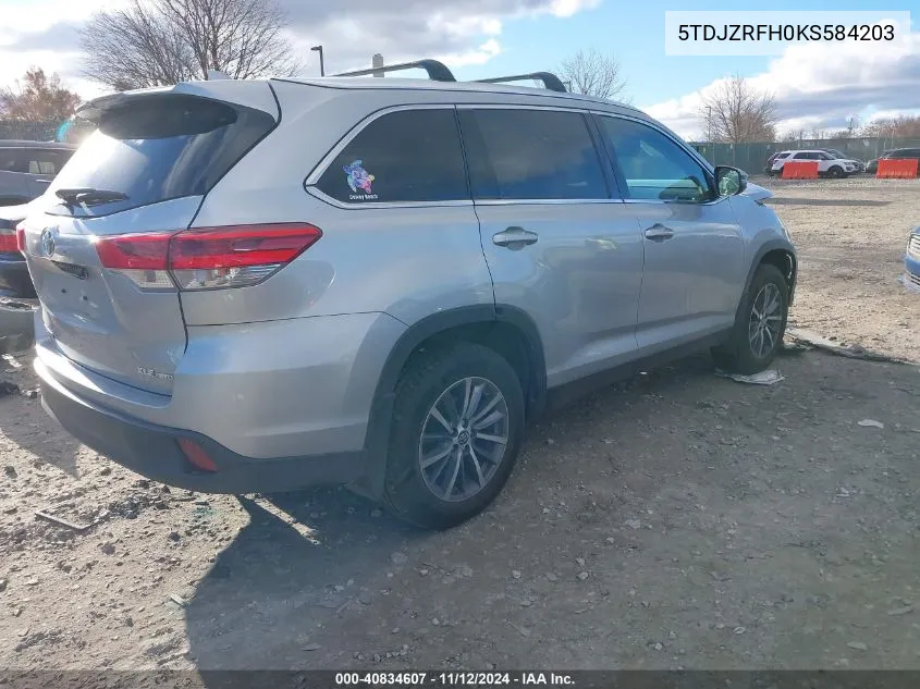 2019 Toyota Highlander Xle VIN: 5TDJZRFH0KS584203 Lot: 40834607