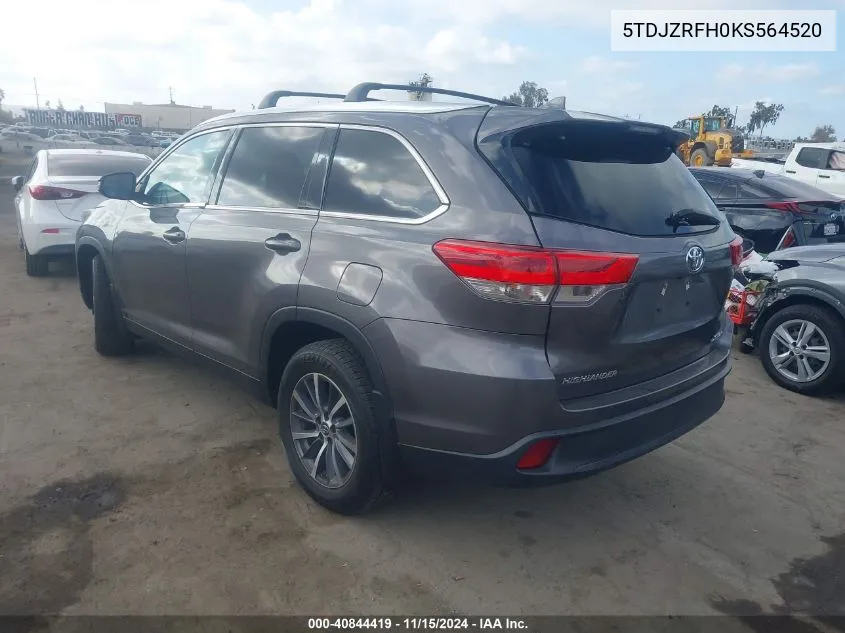 2019 Toyota Highlander Xle VIN: 5TDJZRFH0KS564520 Lot: 40844419