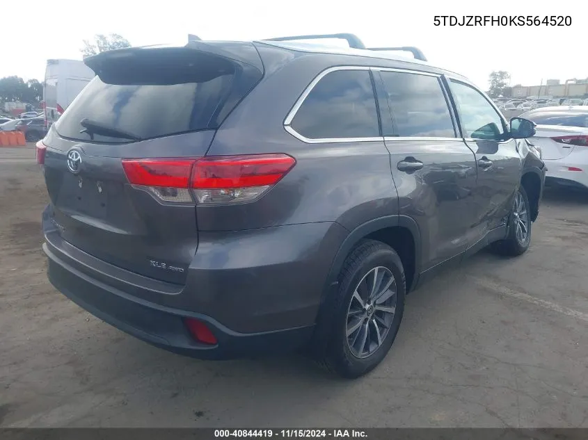 2019 Toyota Highlander Xle VIN: 5TDJZRFH0KS564520 Lot: 40844419