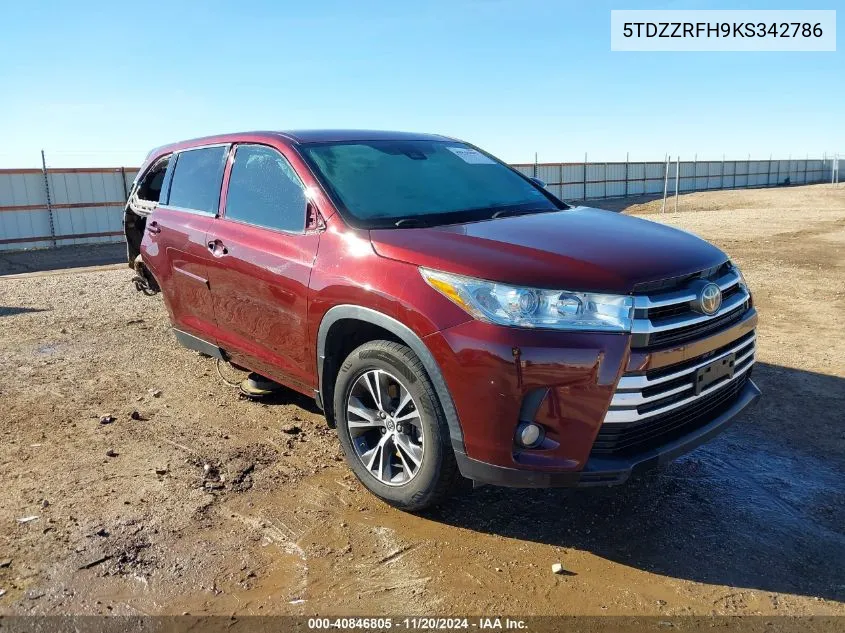 2019 Toyota Highlander Le Plus VIN: 5TDZZRFH9KS342786 Lot: 40846805