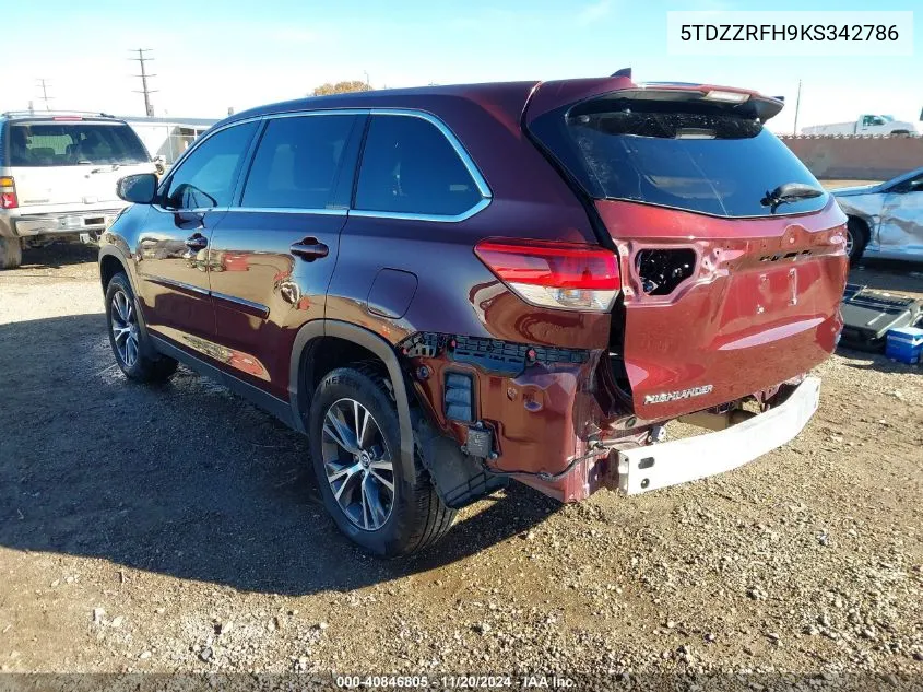 2019 Toyota Highlander Le Plus VIN: 5TDZZRFH9KS342786 Lot: 40846805