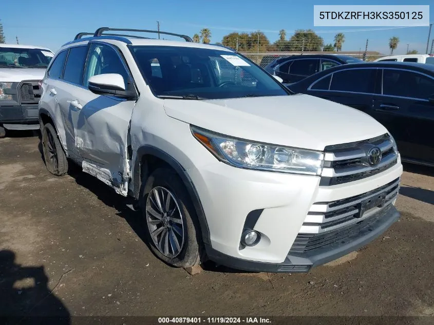 2019 Toyota Highlander Xle VIN: 5TDKZRFH3KS350125 Lot: 40879401