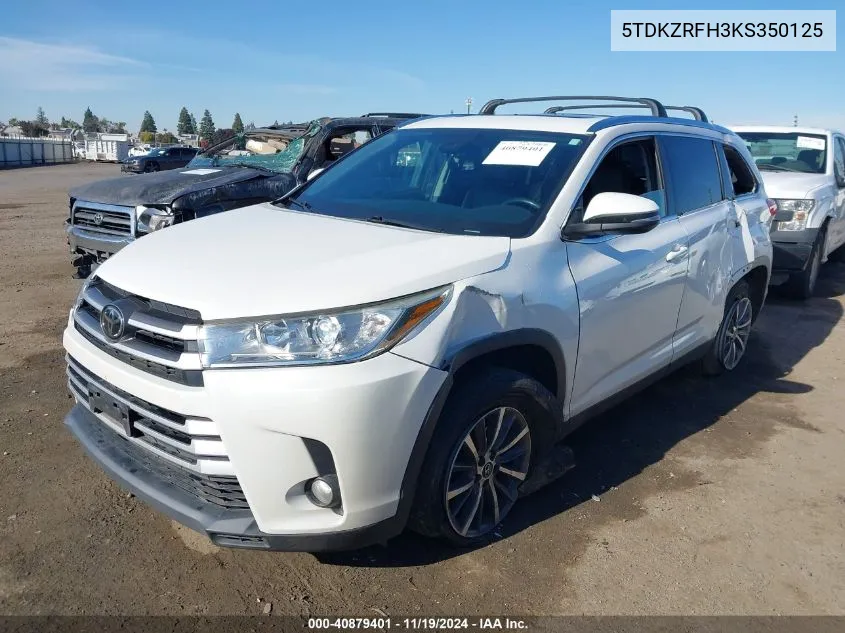 2019 Toyota Highlander Xle VIN: 5TDKZRFH3KS350125 Lot: 40879401