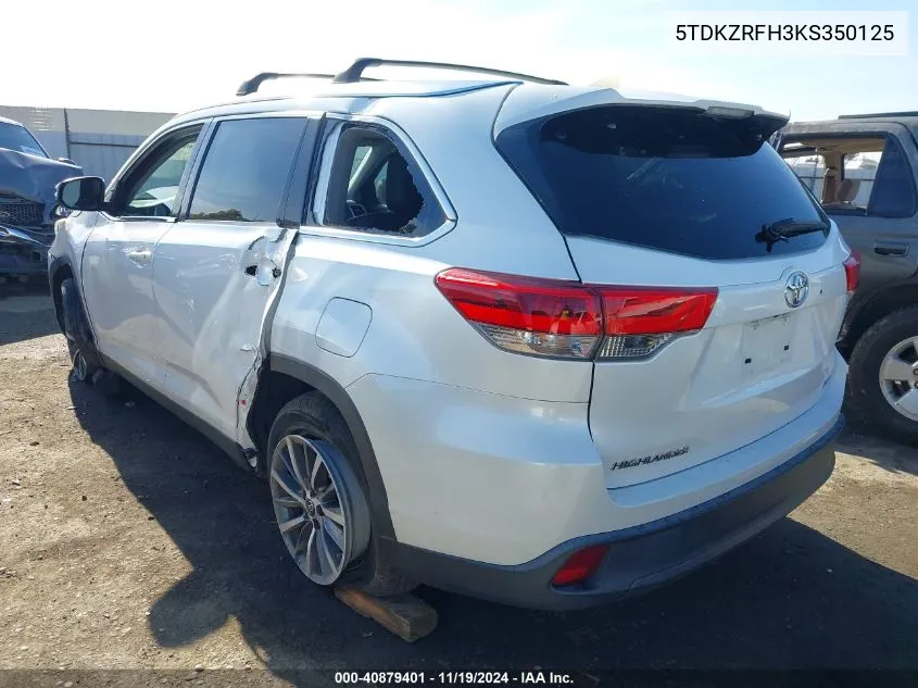 2019 Toyota Highlander Xle VIN: 5TDKZRFH3KS350125 Lot: 40879401