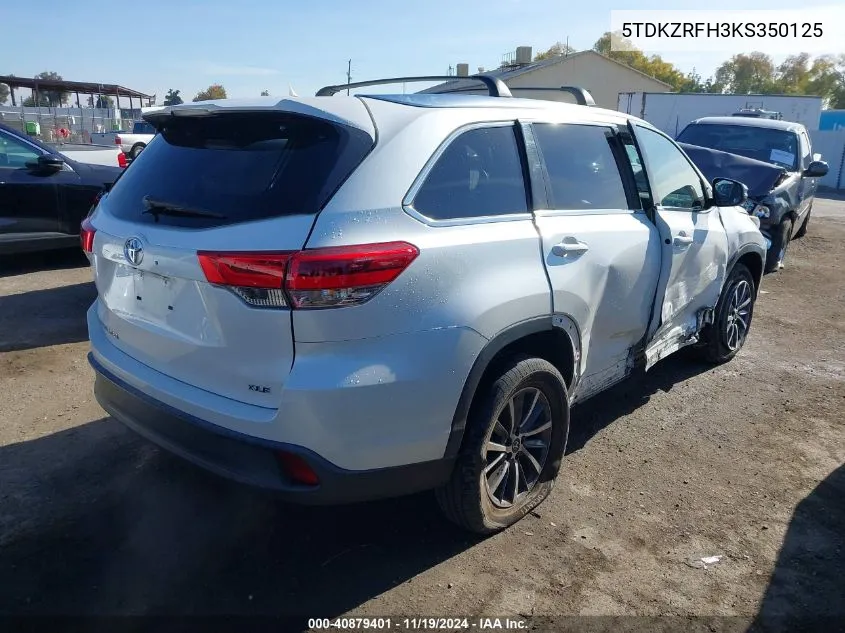 2019 Toyota Highlander Xle VIN: 5TDKZRFH3KS350125 Lot: 40879401