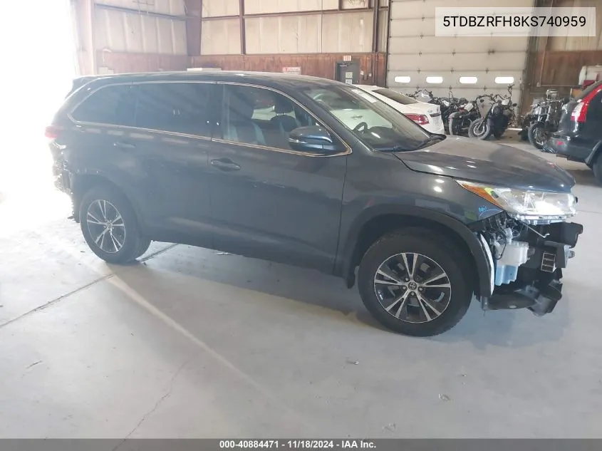 2019 Toyota Highlander Le VIN: 5TDBZRFH8KS740959 Lot: 40884471