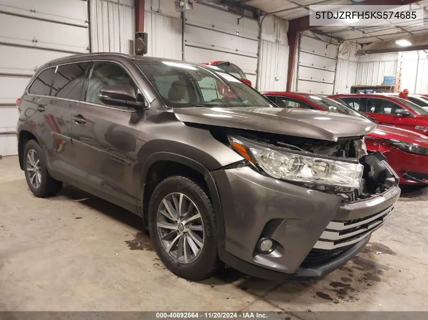 2019 Toyota Highlander Xle VIN: 5TDJZRFH5KS574685 Lot: 40892564