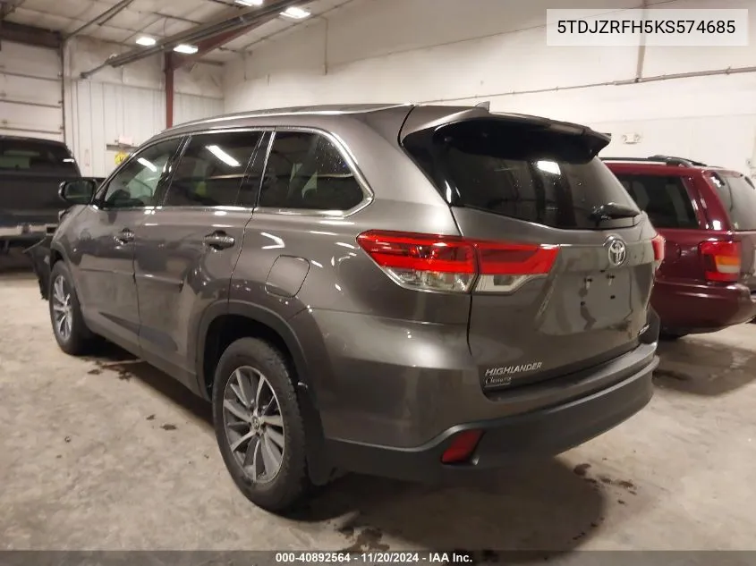 2019 Toyota Highlander Xle VIN: 5TDJZRFH5KS574685 Lot: 40892564