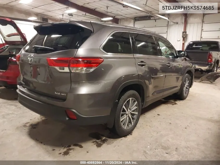 2019 Toyota Highlander Xle VIN: 5TDJZRFH5KS574685 Lot: 40892564