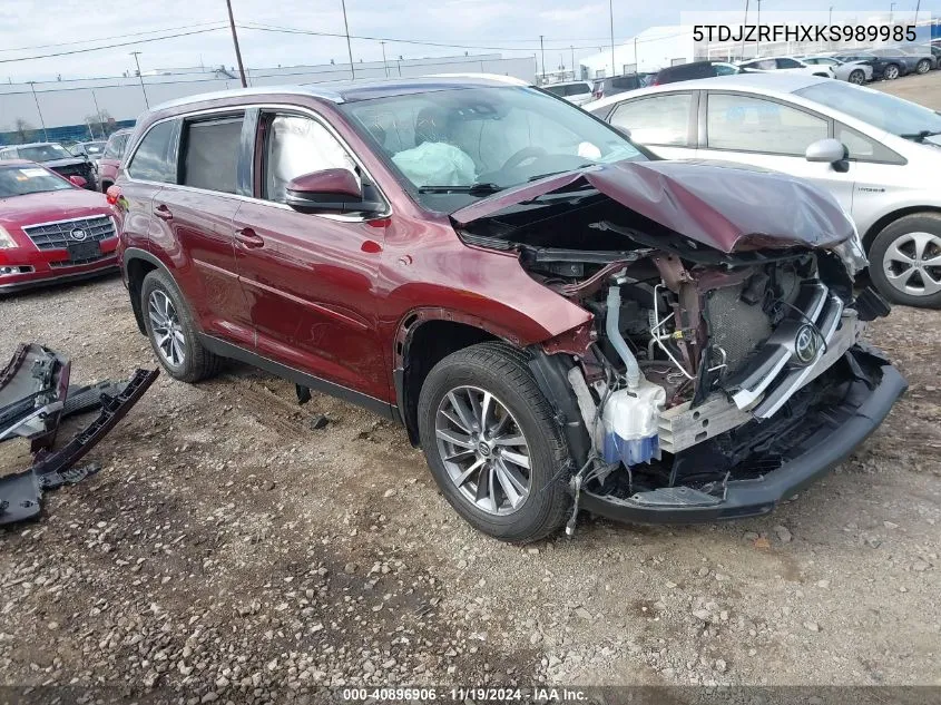 2019 Toyota Highlander Xle VIN: 5TDJZRFHXKS989985 Lot: 40896906