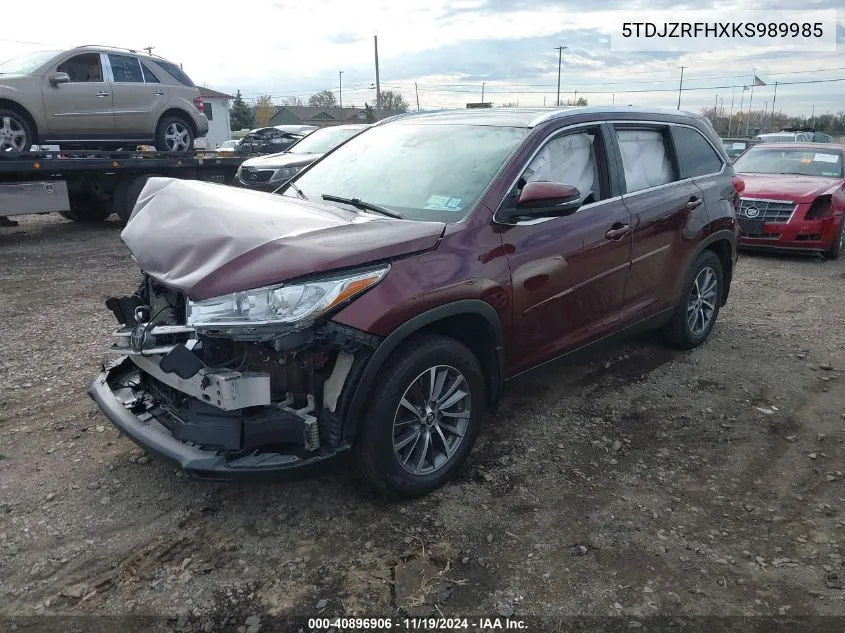 2019 Toyota Highlander Xle VIN: 5TDJZRFHXKS989985 Lot: 40896906