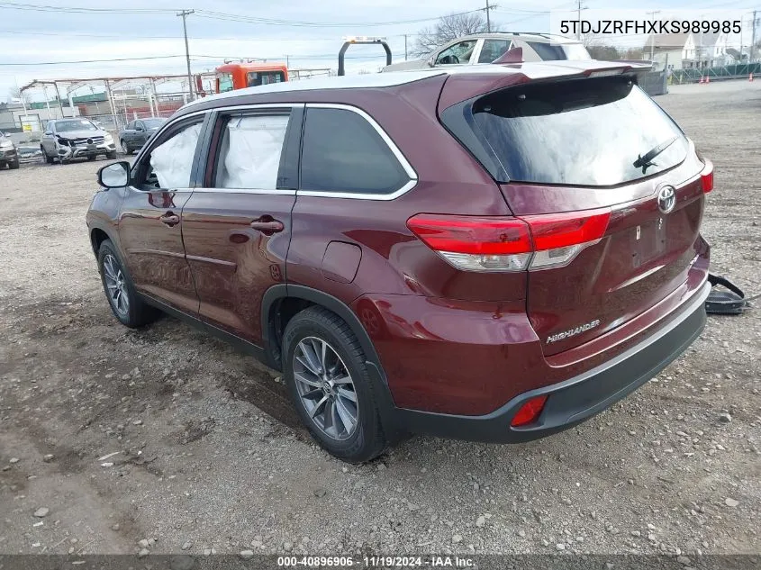 2019 Toyota Highlander Xle VIN: 5TDJZRFHXKS989985 Lot: 40896906