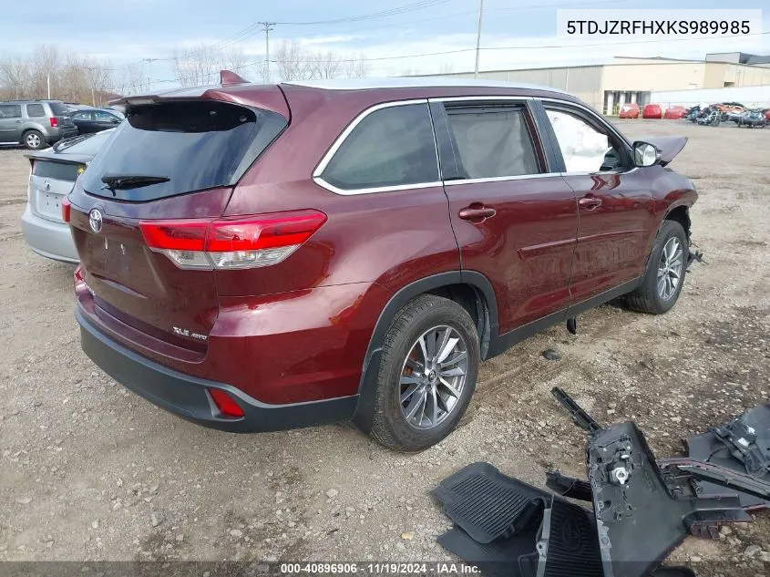 2019 Toyota Highlander Xle VIN: 5TDJZRFHXKS989985 Lot: 40896906