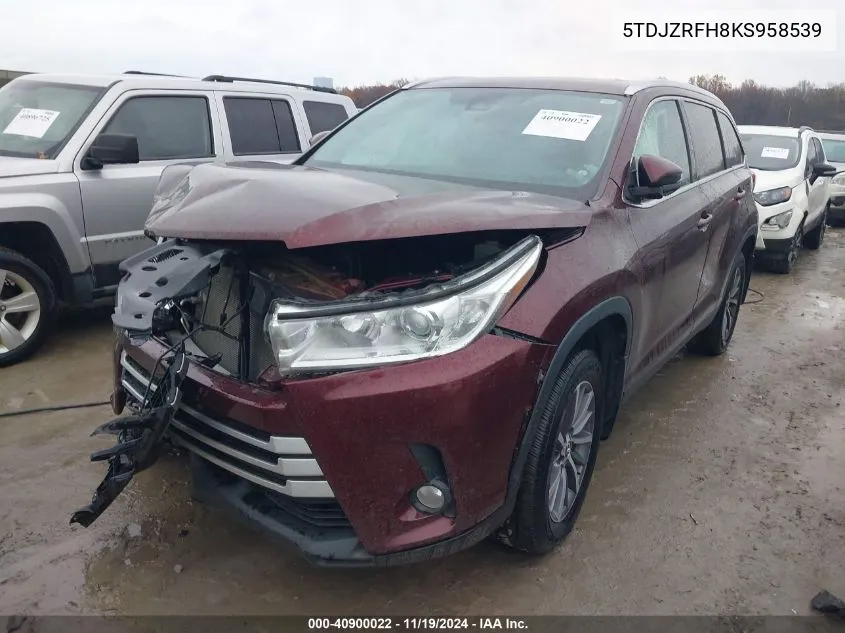 2019 Toyota Highlander Xle VIN: 5TDJZRFH8KS958539 Lot: 40900022