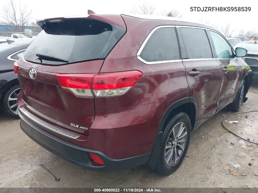 2019 Toyota Highlander Xle VIN: 5TDJZRFH8KS958539 Lot: 40900022