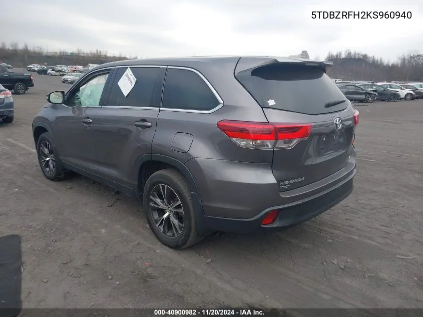 2019 Toyota Highlander Le VIN: 5TDBZRFH2KS960940 Lot: 40900982