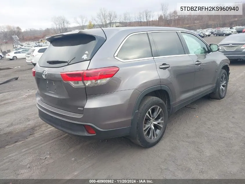 2019 Toyota Highlander Le VIN: 5TDBZRFH2KS960940 Lot: 40900982