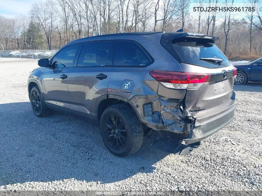 2019 Toyota Highlander Se VIN: 5TDJZRFH5KS961785 Lot: 40925273