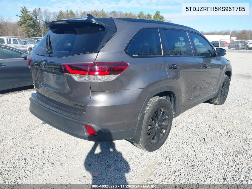 2019 Toyota Highlander Se VIN: 5TDJZRFH5KS961785 Lot: 40925273