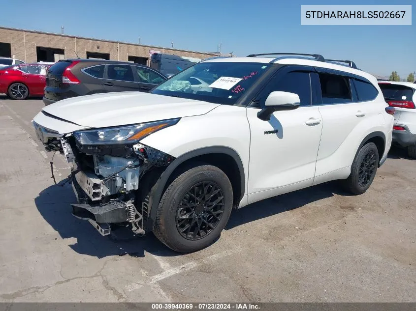 2020 Toyota Highlander Hybrid Xle VIN: 5TDHARAH8LS502667 Lot: 39940369