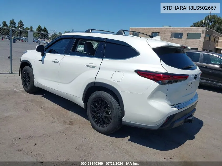 2020 Toyota Highlander Hybrid Xle VIN: 5TDHARAH8LS502667 Lot: 39940369