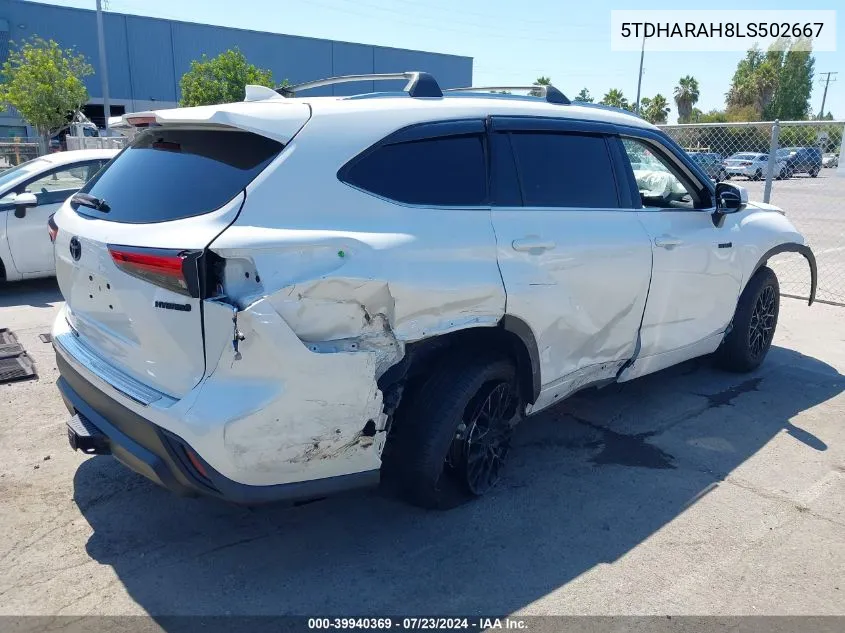 2020 Toyota Highlander Hybrid Xle VIN: 5TDHARAH8LS502667 Lot: 39940369