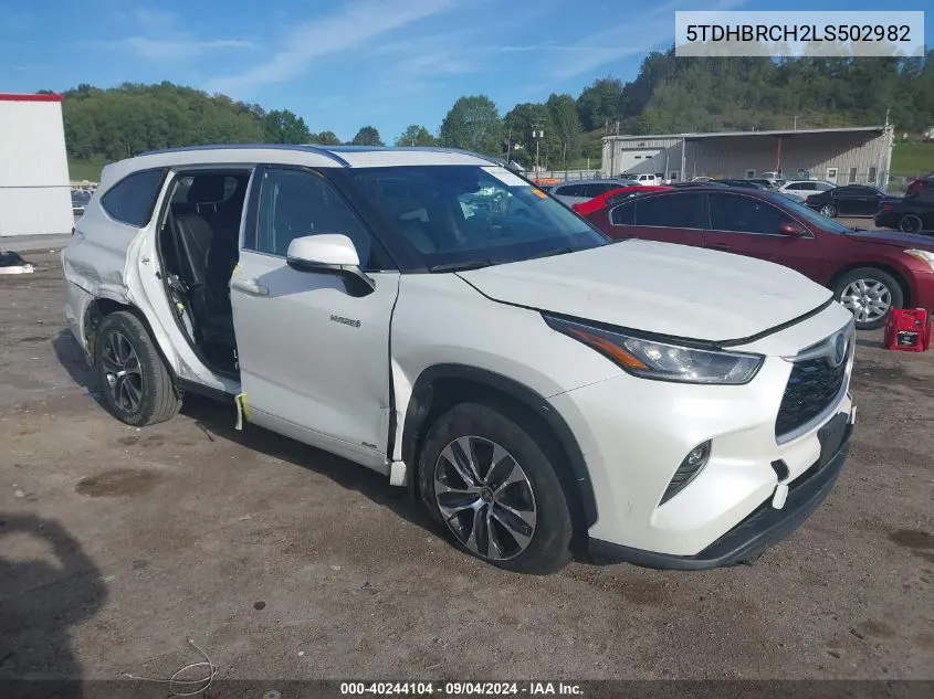 2020 Toyota Highlander Hybrid Xle VIN: 5TDHBRCH2LS502982 Lot: 40244104